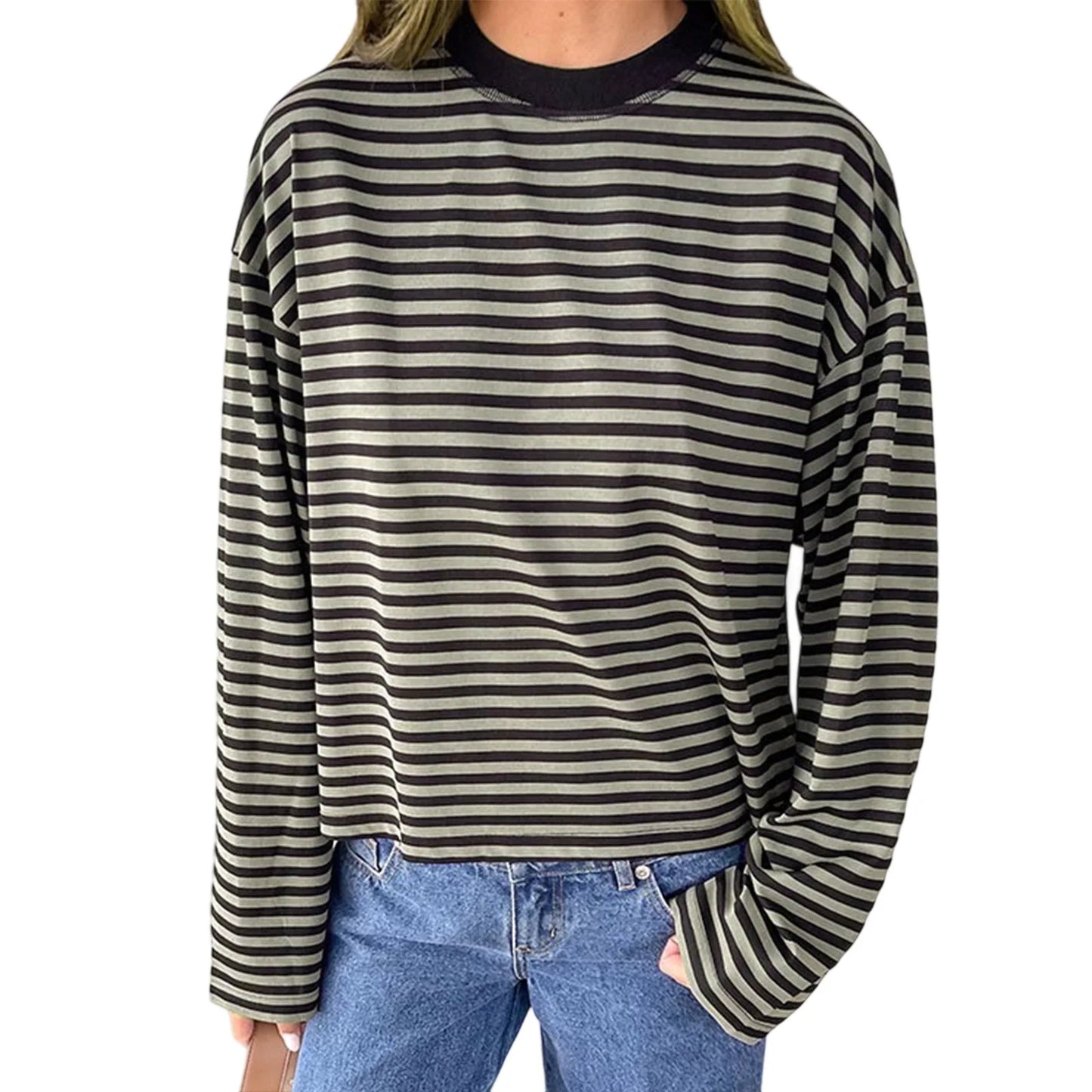 2025 Women Retro T-shirt Long Sleeve Crew Neck Loose Ladies Fall Casual Striped Top Streetwear