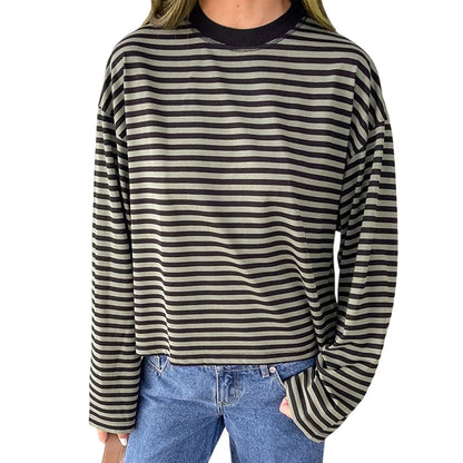 2025 Women Retro T-shirt Long Sleeve Crew Neck Loose Ladies Fall Casual Striped Top Streetwear
