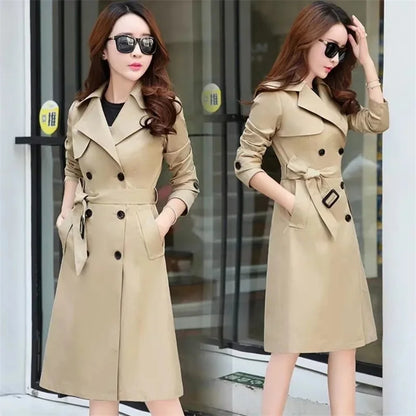 Windbreaker Women's Long British 2023 Spring And Autumn New Coat Korean Double Breasted Ladies Knee-High Coat Lace-Up Trench