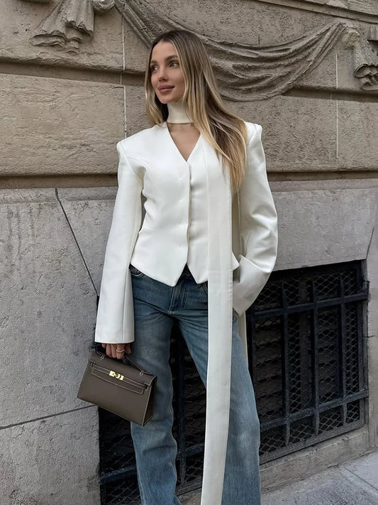 TARUXY Striped Print V-neck Ribbon Suit Coat For Women Long Sleeve Buttons Office Lady Top Elegant Female New Blazer Outwear