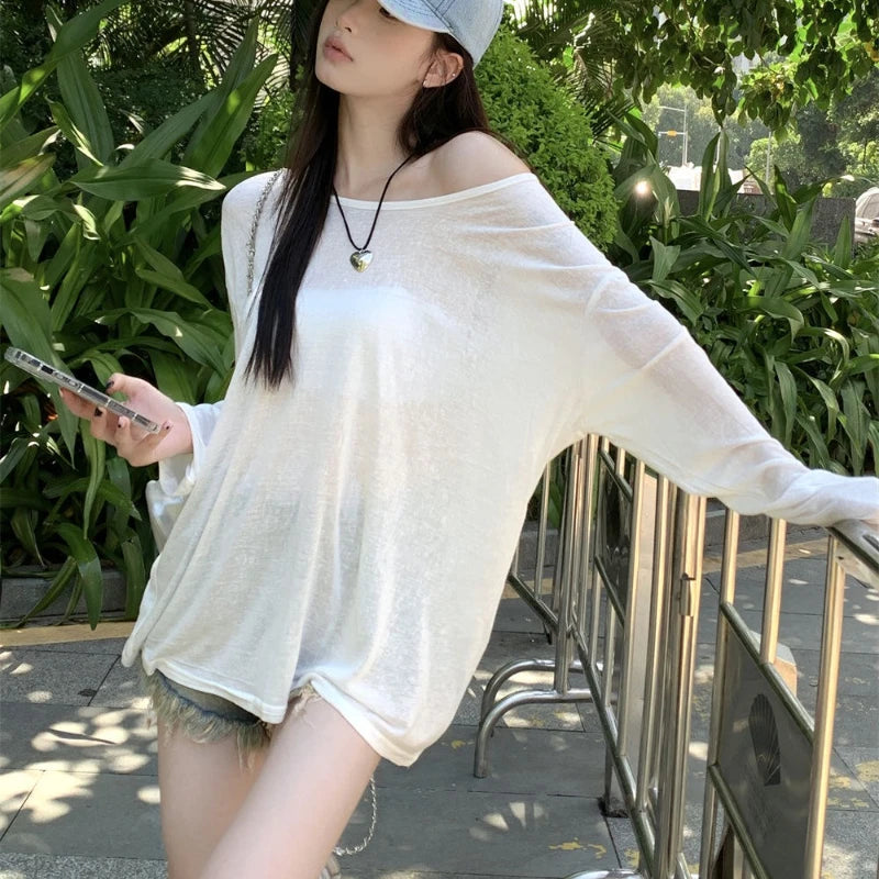Sexy Sheer Baggy T-shirt for Women 2024 Summer Casual Fashion Loose Pullovers Chic Lazy Solid Color Off Shoulder Top Streetwear