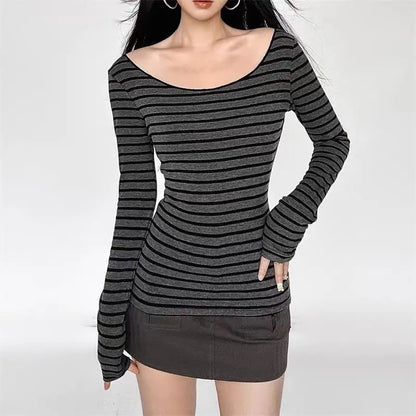 Y2K Grunge Emo 00s Vintage T-Shirt Black Grey Striped Off Shoulder Long Sleeve Jumper Top Chic Women Autumn Retro Goth Tee Shirt