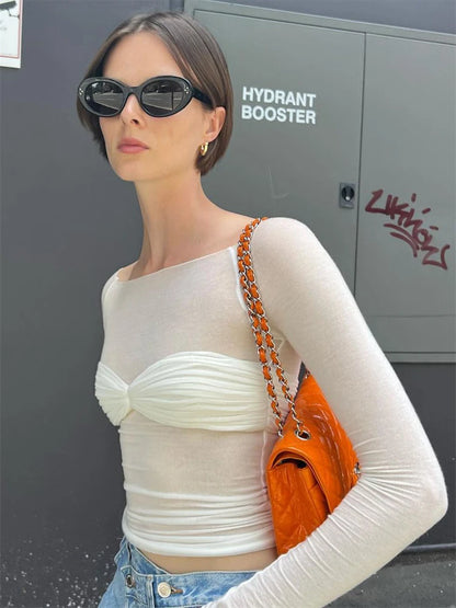 Tossy Mesh Sheer Off-Shoulder Top Shirt For Women New Long Sleeve See-Through Lace Knit Pullover Tops Summer Mesh Top Tee Shirt