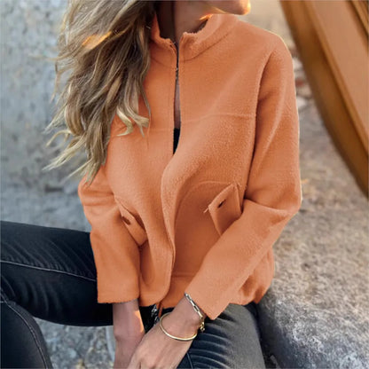 New Casual Zipper Cardigan Wool Jacket For Women's 2025 New Fashion Stand Collar Tether Pocket Loose Versatile Female Wool Coat