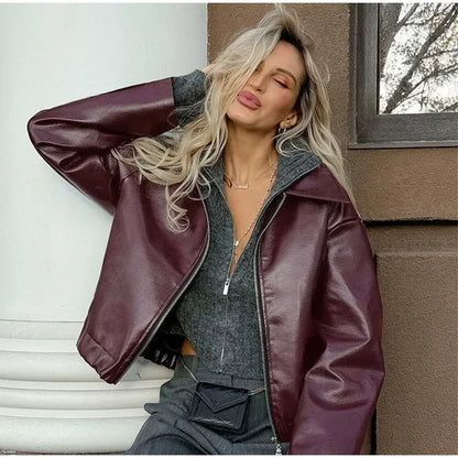Zekye Spring Summer Women Jackets Fashion Lapel Zipper Long Sleeve Female Coats Lady Street Outwear Burgundy Leather Jacket