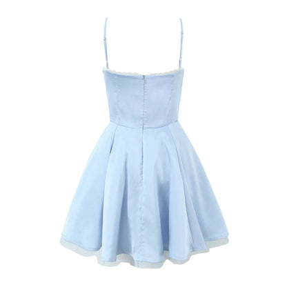 European and American style French niche slim fit suspender dress women's summer satin three-layer three-dimensional steel ring