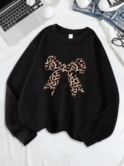 Bow Leopard Printing Sweatshirts Womens Crewneck Basics Hoodies Loose Fleece Warm Clothes Autumn Winter Sporty Woman Pullover