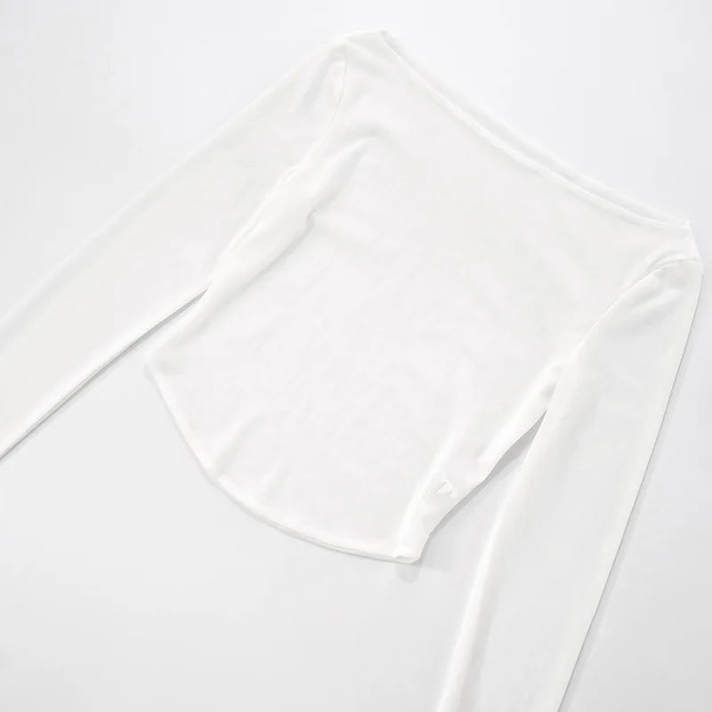 Female's Autumn T-Shirt Sheer Mesh Off-Shoulder Curved Hem Pullover Long Sleeve Women's Top Comfortable Clothing For Lady