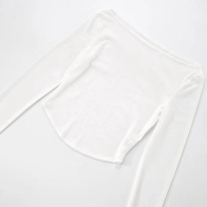 Female's Autumn T-Shirt Sheer Mesh Off-Shoulder Curved Hem Pullover Long Sleeve Women's Top Comfortable Clothing For Lady