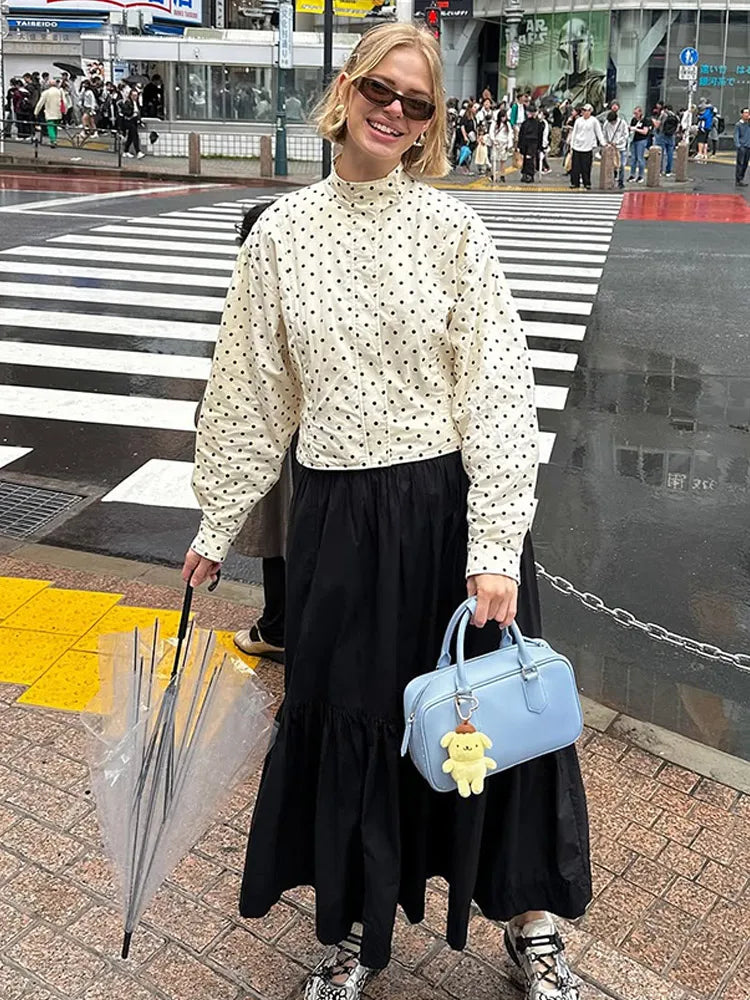 Polka Dot Print Round Neck Short Coats Women's High Street Blazer Long Sleeve Jackets 2025 Elegant Office Ladies Suit Outerwear