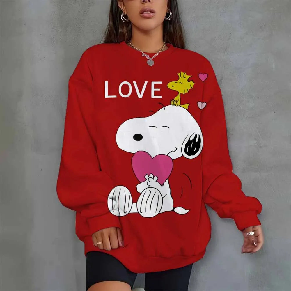 Snoopy Heart Print Crew Neck T shirt Casual Long Autumn winter top women's long sleeved Sweatshirt loose comfortable Hoodies