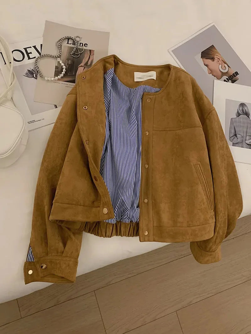 Suede Short Jacket Women Korean Camel Fashion Long Sleeve Flight Suit Harajuku Single Breasted Loose Tops Female Vintage Coats