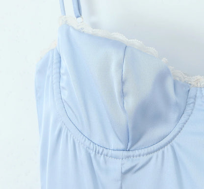 European and American style French niche slim fit suspender dress women's summer satin three-layer three-dimensional steel ring