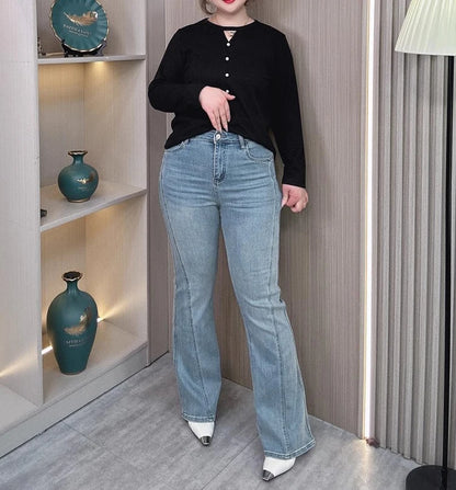 Plus Size Women's High Waisted Slim Flared Jeans 2025 Spring Stretch Denim Pants Curvy Premium Slimming & Lengthening Design