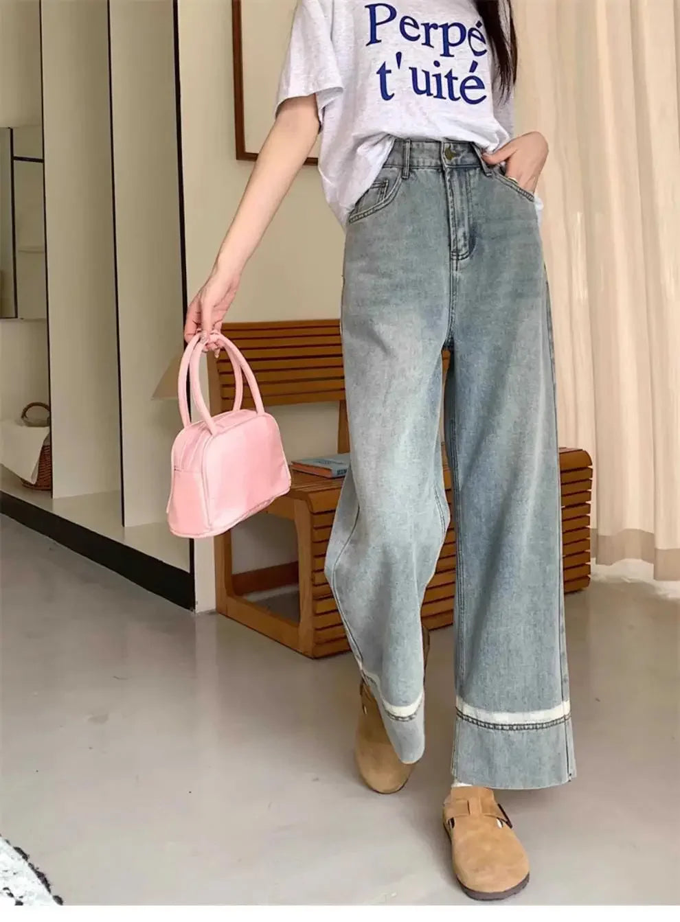 High Waist Straight Leg Jeans Women's plus Size Body Slimming Nine Points Wide Leg Pants Fat Sister MM Fashionable Clothing