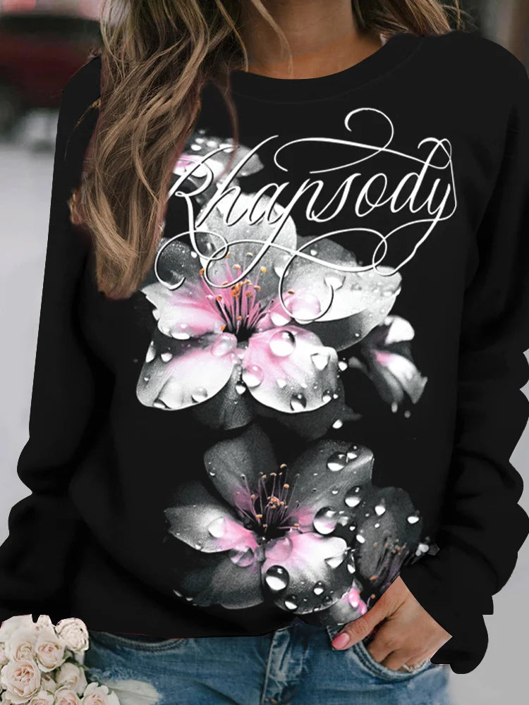 Outdoor Women's T-Shirt Casual Long Sleeve Pattern Print Street Crew Neck Fall Female Oversized Clothing Fashion T Shirts