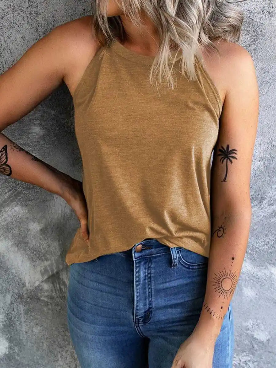 Women's Summer Sleeveless Halter Tee Shirts Crew Neck Workout Tank Tops Casual Plain Cami Shirts