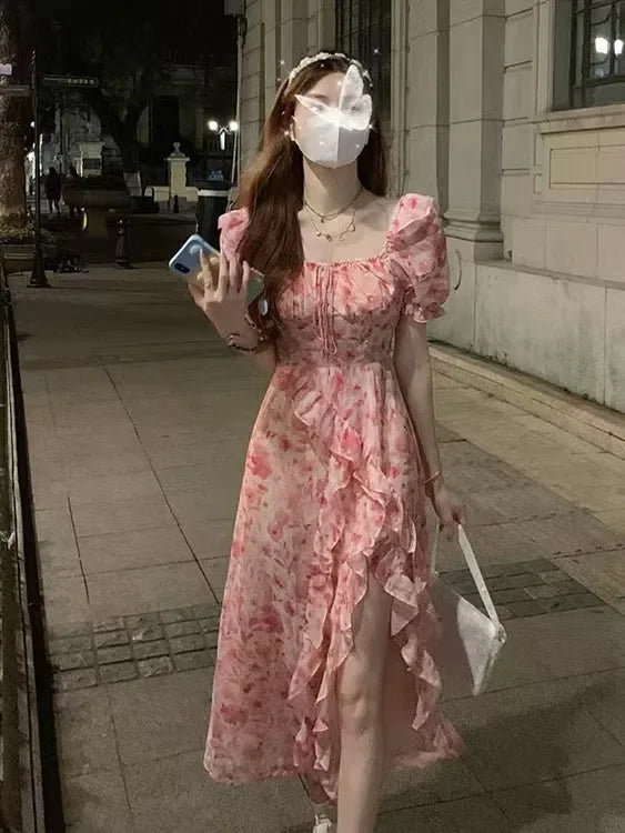 Pink Sweetpuff Sleeveless Dress Women's Korean Summer Seaside Vacation Short Sleeves Pure Desire A- line Skirt