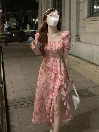 Pink Sweetpuff Sleeveless Dress Women's Korean Summer Seaside Vacation Short Sleeves Pure Desire A- line Skirt