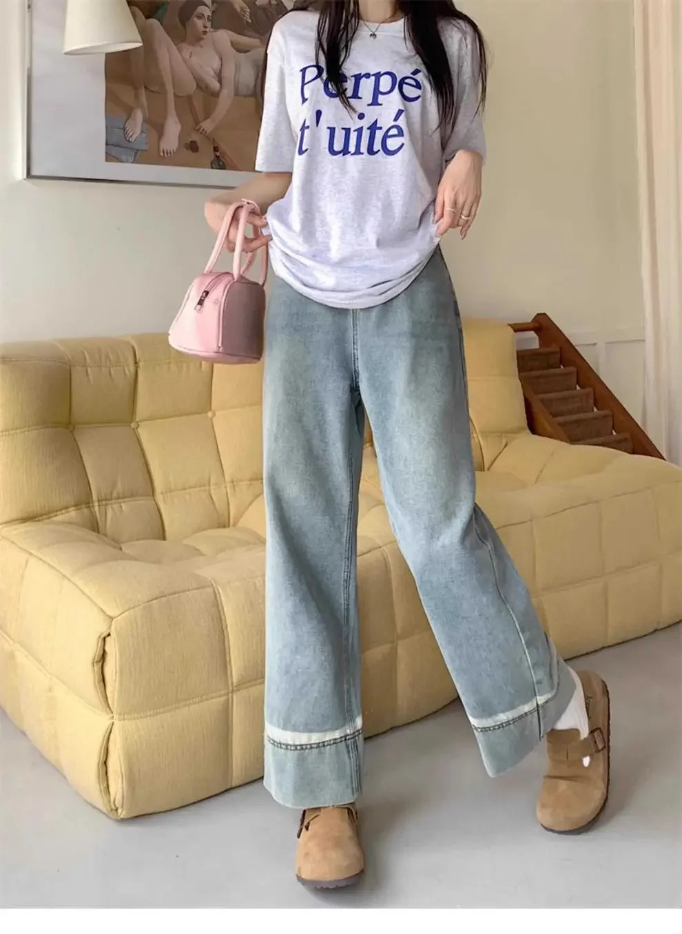 High Waist Straight Leg Jeans Women's plus Size Body Slimming Nine Points Wide Leg Pants Fat Sister MM Fashionable Clothing