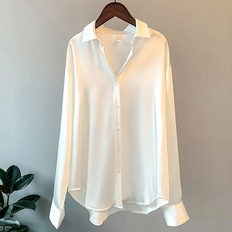 Elegant Black White Shirt Women Spring Autumn Long Sleeve Silk Satin Blouses For Women Fashion Turn Down Collar Button Shirt