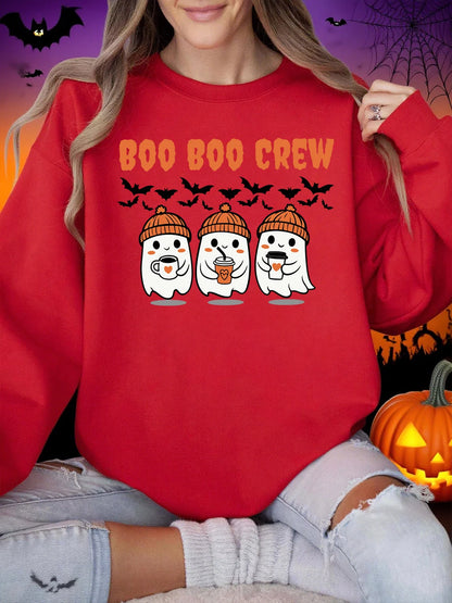Boo Boo Crew Ghost Prints Halloween Sweatshirt Women Winter Fleece Warm Hoodies Crewneck Loose Pullovers Casual Soft Clothes