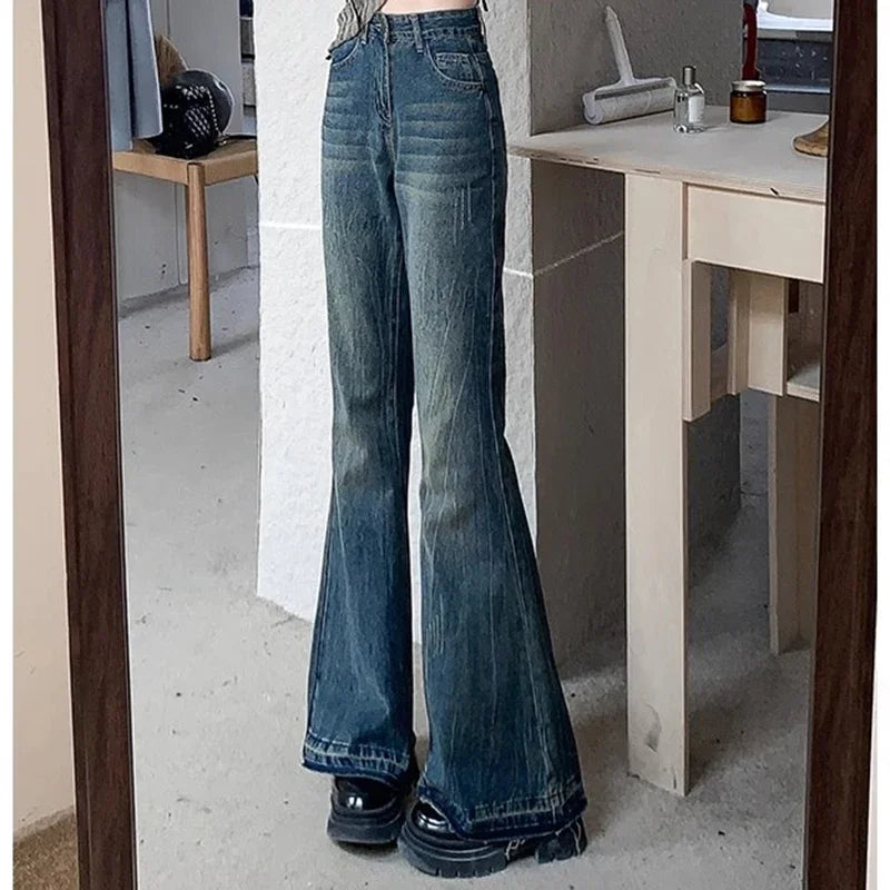 Woman High Waist Vintage Casual Flare Jeans Girls Elastic Slim Fit Bell Bottom Pants Lady Fashion Blue Black Grey Denim Trousers