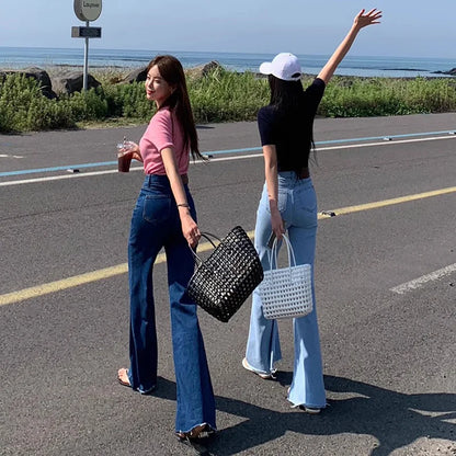 High Waist Bell Bot Jeans Women's Slim Fit Versatile Long Pants Summer Chic Vintage Denim Blue High Waist Long Leggings