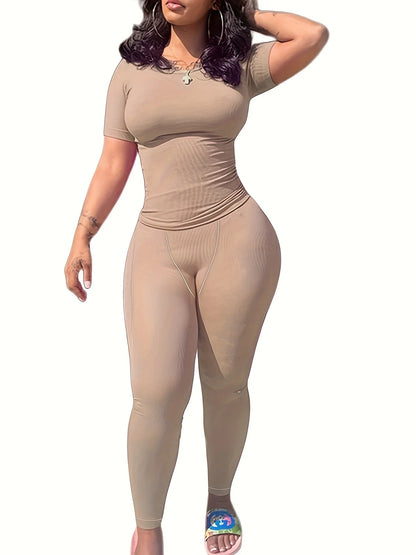 New style Lounge Wear Ribbed Casual 2 Piece Summer Shorts Set For Women Sleeve Top+Elastic Leggings Outfits