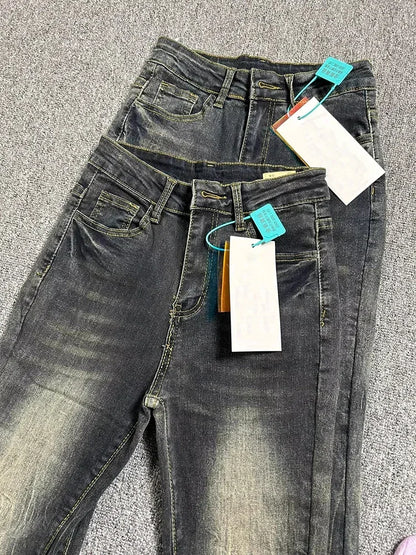 Summer High Waist Slim Black Grey Jeans American Style Vintage Long Pants Oversized Washed Denim Flare Pants Women Spring