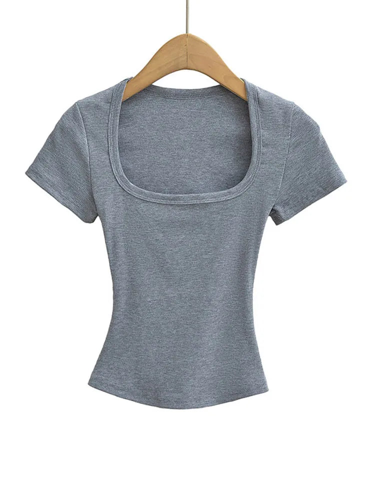 Summer square neck high elasticity crop top women's short sleeved sexy top slim fit pullover base shirt