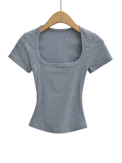 Summer square neck high elasticity crop top women's short sleeved sexy top slim fit pullover base shirt