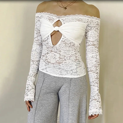 Lace-Trimmed Autumn Women's T-Shirt Off-Shoulder Hollow Out Contrast Panels Crop Top For Female Sexy Cropped Lady's Clothing