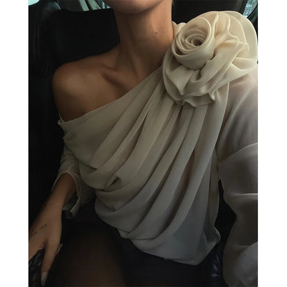 Candyhot Irregular Sexy Off Shoulder Oblique-neck Flower Applique T Shirt French Fashion Long Sleeve Crop Tops Chic Mesh Camis