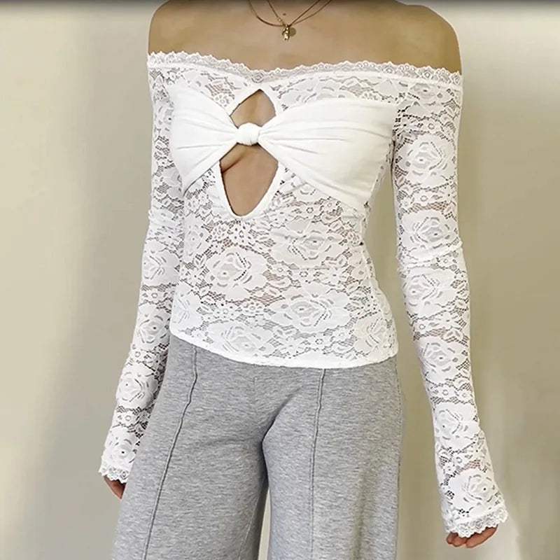 Lace-Trimmed Autumn Women's T-Shirt Off-Shoulder Hollow Out Contrast Panels Crop Top For Female Sexy Cropped Lady's Clothing
