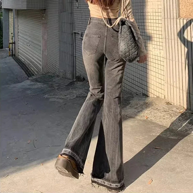 Woman High Waist Vintage Casual Flare Jeans Girls Elastic Slim Fit Bell Bottom Pants Lady Fashion Blue Black Grey Denim Trousers