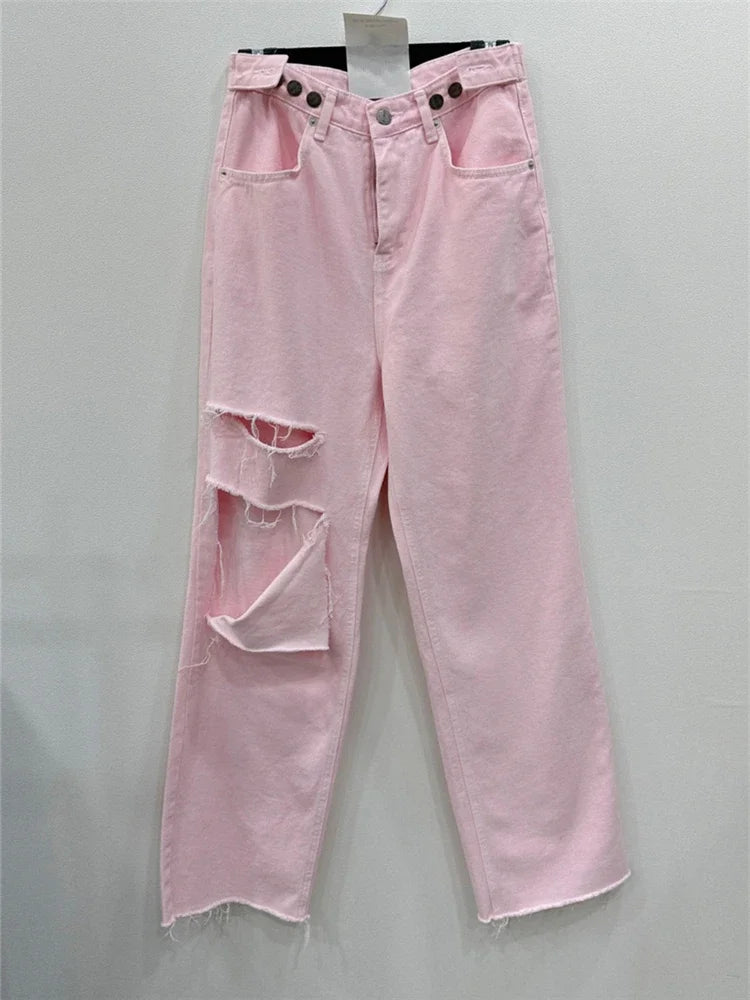 REALEFT 2025 New Hole Pink Women's Denim Wide Leg Pants High Waist Spring Summer Casual White Jeans Straight Trourses Female