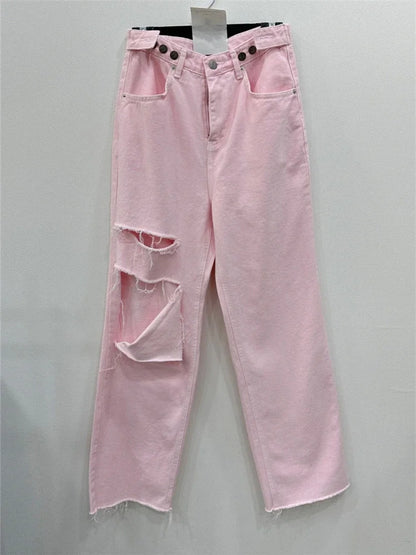 REALEFT 2025 New Hole Pink Women's Denim Wide Leg Pants High Waist Spring Summer Casual White Jeans Straight Trourses Female