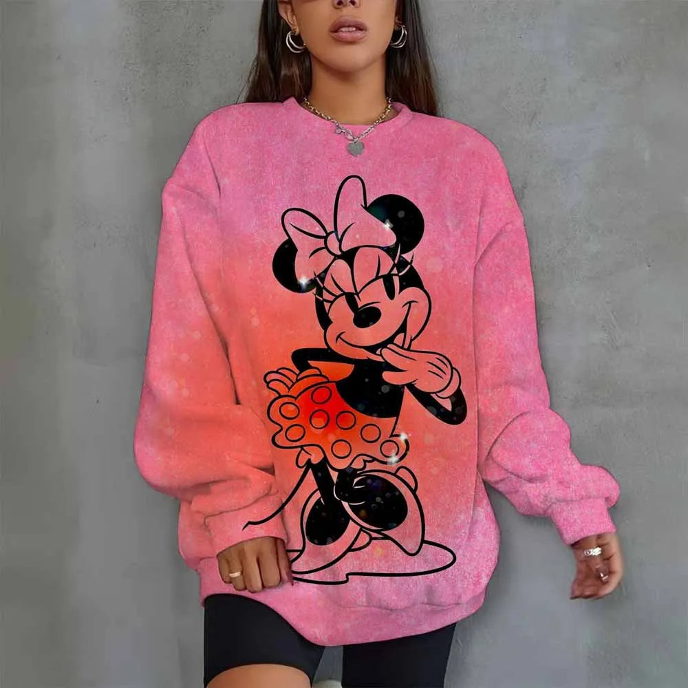 Disney Mickey Mouse Heart Print Crew Neck T shirt Casual Long Autumn winter top women's long sleeved T-shirt loose comfortable