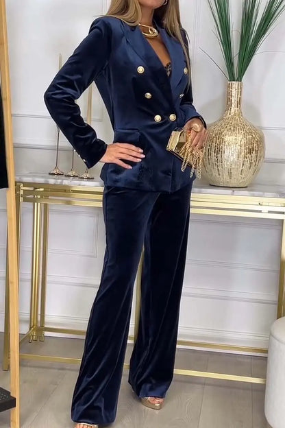 2025 Autumn Velvet Two Piece Sets Women Pant Set Suits Blazer Notched Collar Full Sleeve Double Breasted Coats+Long Pants