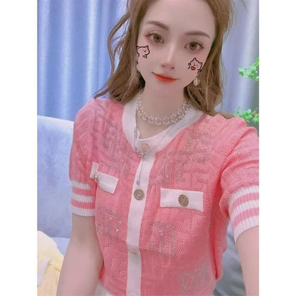 Ice Silk Knitted Sweater Cardigan Women's 2025 Summer New Short-sleeved Hollow Out Korean Style Office Lady Chic Top