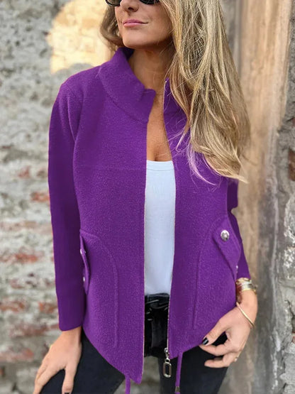 New Casual Zipper Cardigan Wool Jacket For Women's 2025 New Fashion Stand Collar Tether Pocket Loose Versatile Female Wool Coat