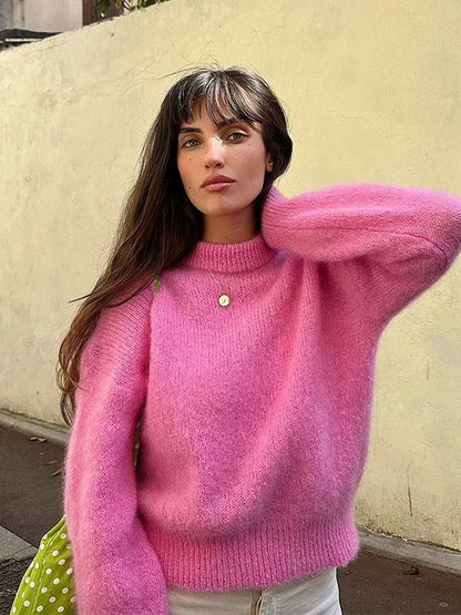 Fluffy Mohair Crew Neck Slouchy Sweater Soft Textured Loose Fit 2025 Autumn Cozy Chic Women Knit Top Casual Sweet Lady Jumper