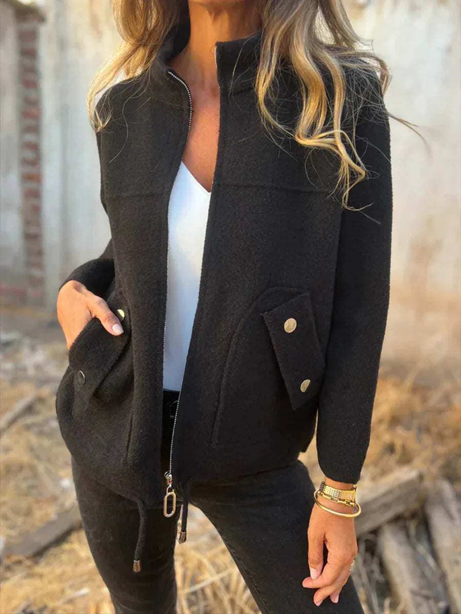 New Casual Zipper Cardigan Wool Jacket For Women's 2025 New Fashion Stand Collar Tether Pocket Loose Versatile Female Wool Coat