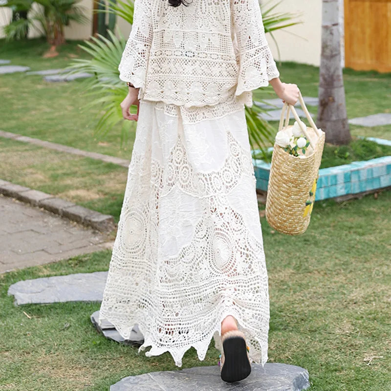 Boring Honey French Retro Classical Skirts Hollow Out Knitting Big Swing Skirt Summer New Fashion All-Match High Waist Dress
