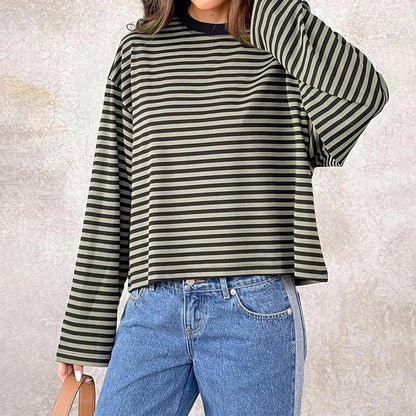 2025 Women Retro T-shirt Long Sleeve Crew Neck Loose Ladies Fall Casual Striped Top Streetwear