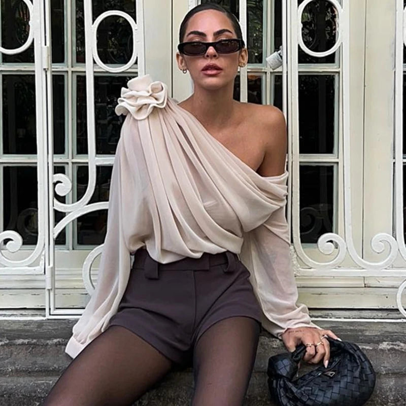 Candyhot Irregular Sexy Off Shoulder Oblique-neck Flower Applique T Shirt French Fashion Long Sleeve Crop Tops Chic Mesh Camis