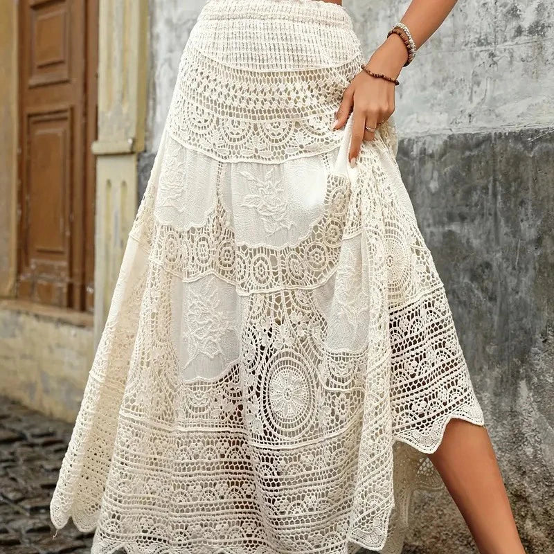 Boring Honey French Retro Classical Skirts Hollow Out Knitting Big Swing Skirt Summer New Fashion All-Match High Waist Dress
