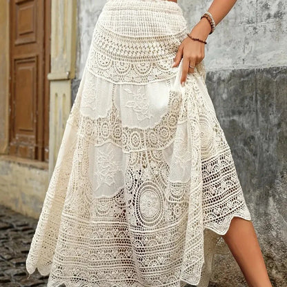 Boring Honey French Retro Classical Skirts Hollow Out Knitting Big Swing Skirt Summer New Fashion All-Match High Waist Dress