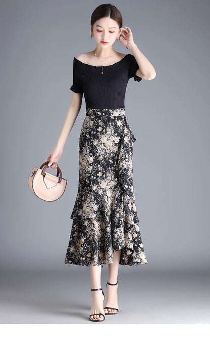 ZUZK Fashion Irregular Fishtail Chiffon Skirts Elegant High Waist Summer Luxury Party Skirt Female Ruffles Long Skirts
